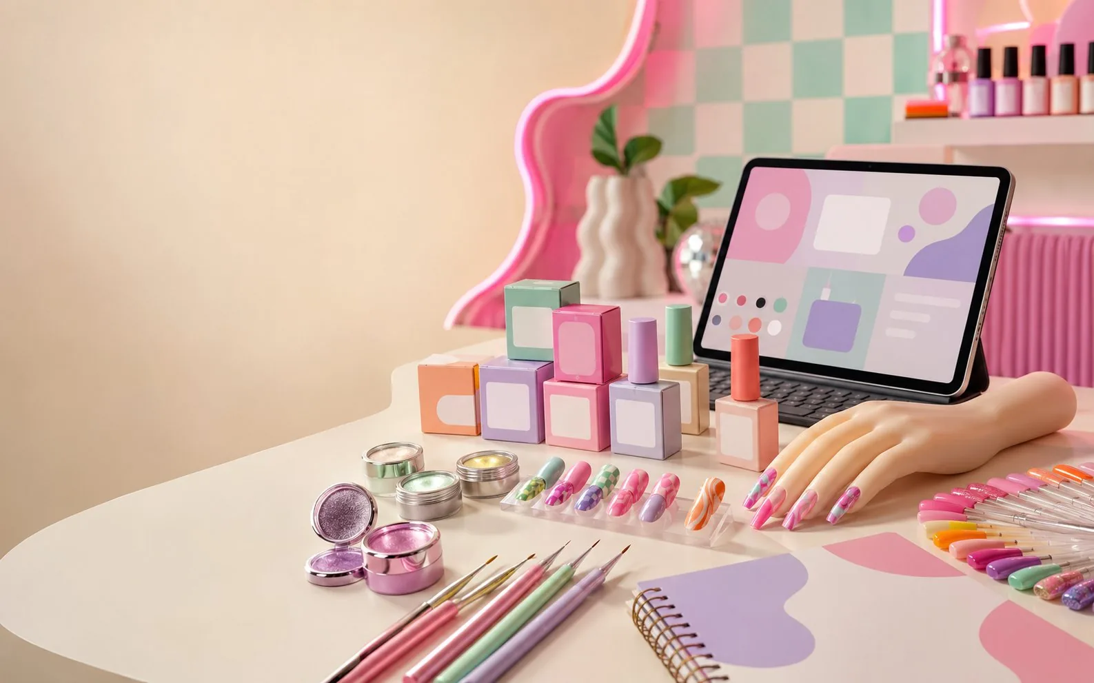 Polish-produkter, nageltips, penslar och en surfplatta i Polish Nailbars färgglada studio.